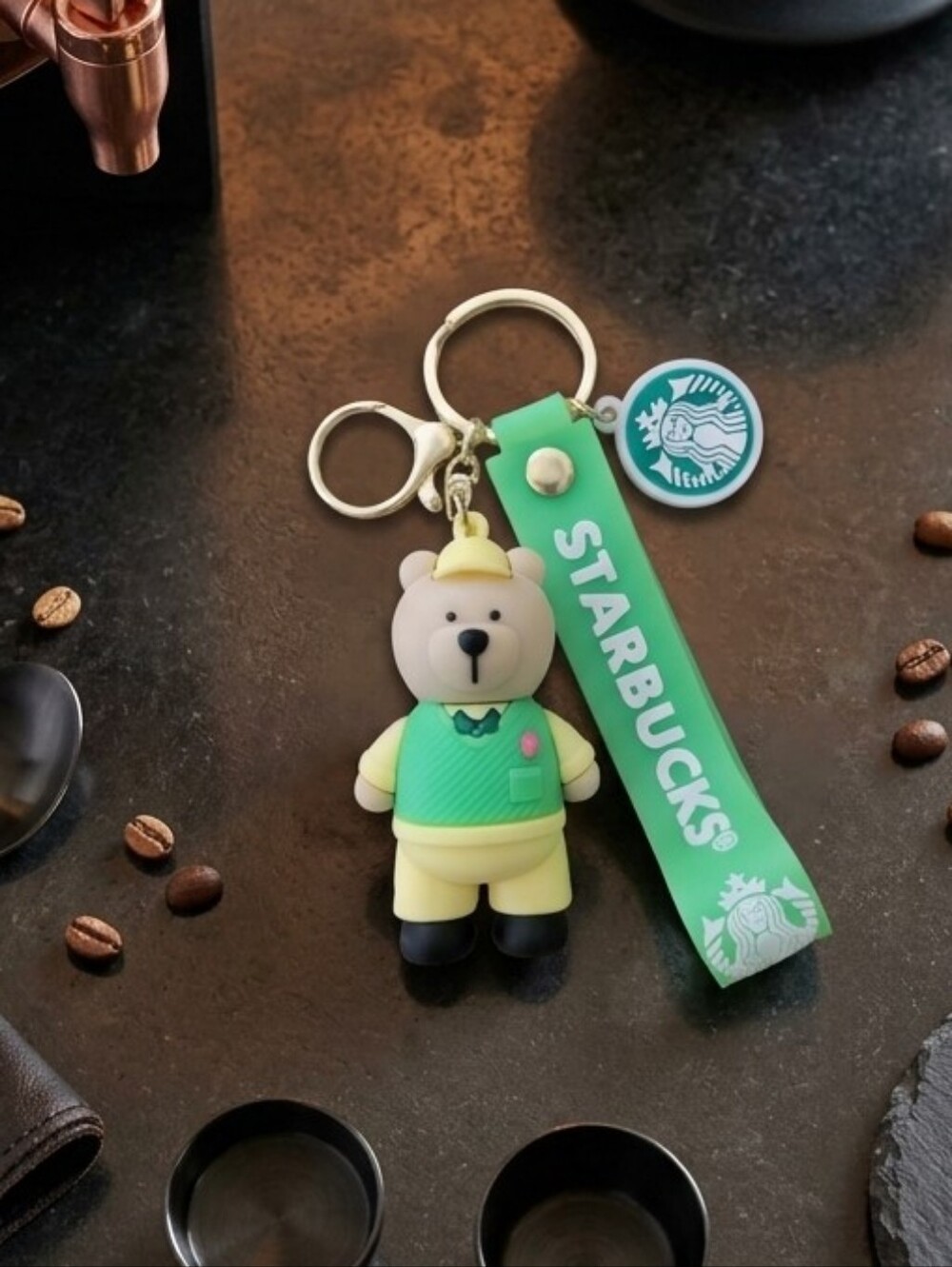 Starbucks Green and Yellow Bear Keychain with Logo Strap